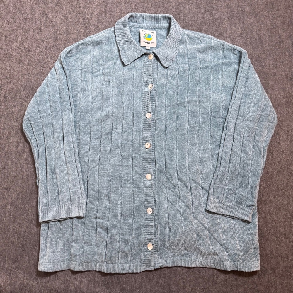 UNIF Blue Ribbed Knit Button Down Cardigan Sweater Collared Top Small